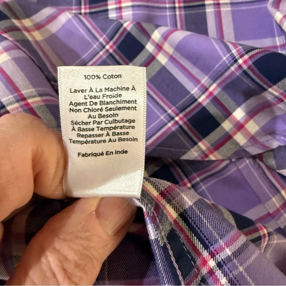 Talbots Plaid Button Up Shirt Purple Navy Cotton Long Sleeve Women’s Size L - Picture 10 of 11